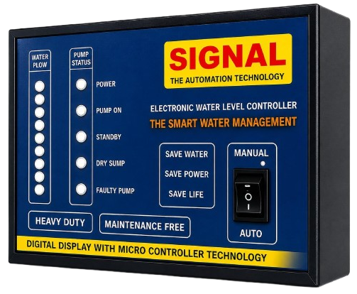 SIGNAL Electronic Water Level Controller device — front panel with digital display and LED indicators